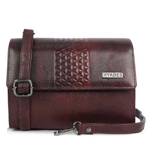 HYADES Forest Geometric Textured Leather Crossbody Sling Bag | BROWN