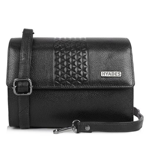 HYADES Forest Geometric Textured Leather Crossbody Sling Bag | BLACK
