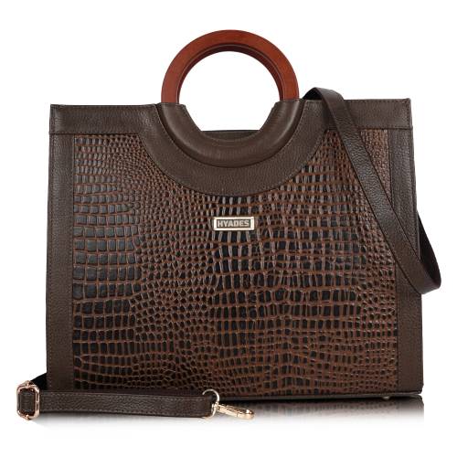 Women Croco Texture Handbag | Premium Top Handle Tote Bag with Detachable Sling Strap | Stylish Office & Party Bag | COFFEE BROWN