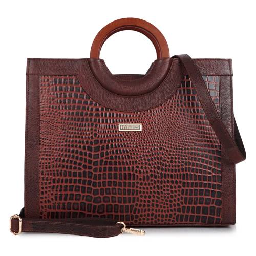 Women Croco Texture Handbag | Premium Top Handle Tote Bag with Detachable Sling Strap | Stylish Office & Party Bag | BROWN