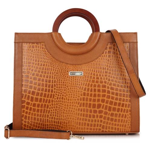 Women Croco Texture Handbag | Premium Top Handle Tote Bag with Detachable Sling Strap | Stylish Office & Party Bag | YELLOW