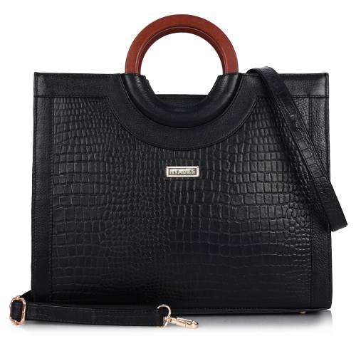 Women Croco Texture Handbag | Premium Top Handle Tote Bag with Detachable Sling Strap | Stylish Office & Party Bag | BLACK